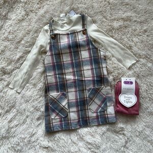 Primark Plaid Dress with White Long Sleeve Shirt and Pink Tights